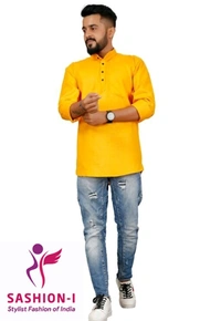 Men's Stylish Full Sleeve Short Kurta - Yellow